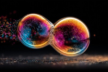 Poster - Bubbles merging in high detail with colorful reflections and sparkling light effects during a close-up capture
