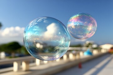 Aufkleber - Colorful soap bubbles floating in a clear blue sky during a sunny daytime outdoor setting