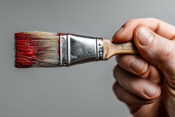 Poster - Hand holding a paintbrush with red paint ready for artistic creation in a studio setting