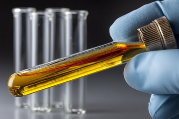 Leinwandbilder - Lab technician holding test tube with yellow liquid and glass vials in background during chemical analysis experiment