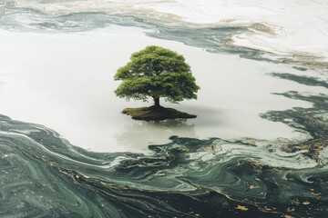 Poster - Unique solitary tree is prominently growing in a calm water body surrounded by mesmerizing swirling patterns in the water