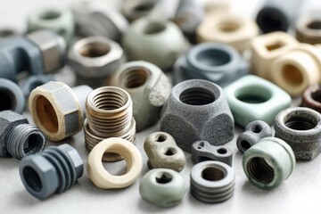 Poster - Variety of metal fasteners and fittings arranged on a work surface in a workshop setting