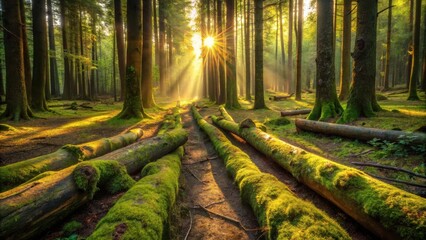 Poster - Sunlit Path Through a Mossy Forest with Fallen Logs