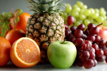 Wall Mural - Fresh assortment of fruits including pineapple, grapes, oranges, and an apple displayed on a countertop