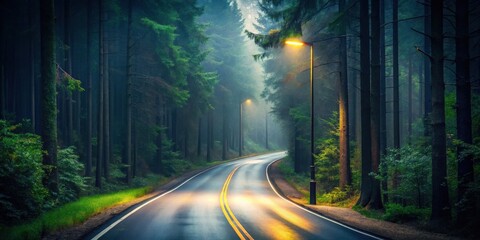 Poster - Serene Winding Road Through a Misty Forest at Dusk with Illuminated Pathway