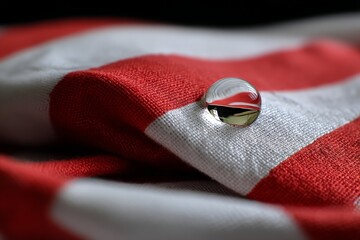 Aufkleber - Droplet resting on red and white fabric captures reflection of its surroundings