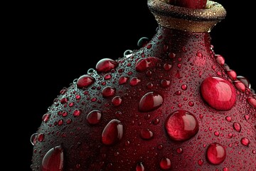 Poster - Close-up of a red bottle covered in water droplets against a black background