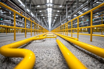 Leinwandbilder - Long perspective of yellow pipelines in an industrial facility with extensive shelving at midday