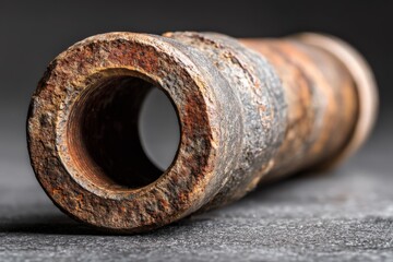 Aufkleber - Rusty metal pipe lies on dark surface, showcasing wear and age in industrial setting