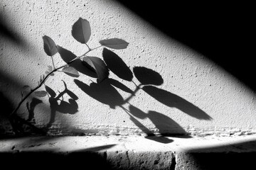 Aufkleber - Shadow of leaves on a textured wall creates an artistic contrast in black and white photography during daylight hours