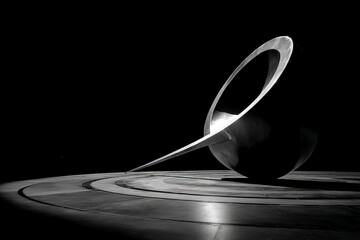 Fototapete - Sleek metallic sculpture creates a striking contrast in a dimly lit gallery space during an art exhibition
