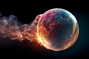 Poster - Colorful soap bubble drifting through swirling smoke in a dark environment during an artistic display