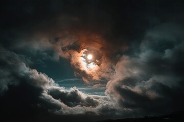 Poster - Stormy sky with vibrant sun peeking through clouds at twilight