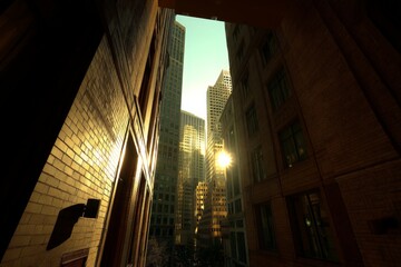 Poster - Golden hour casts warm light on urban buildings in a bustling city center during sunset