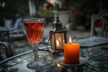 Poster - Glass of drink with warm candlelight creating a cozy ambiance on a table in the evening garden setting