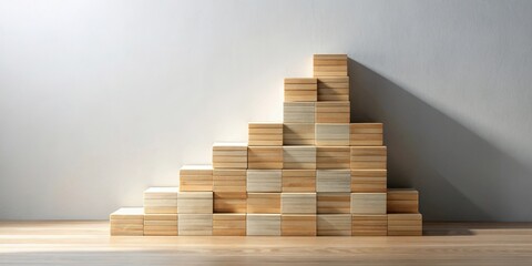 Leinwandbilder - Ascending Wooden Blocks Forming a Pyramid Shape on a Table Against a Light Wall