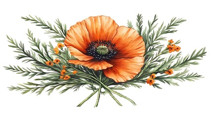 Wall Mural - Orange poppy bouquet, botanical illustration
