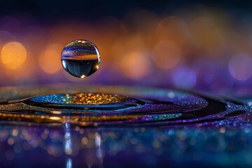 Leinwandbilder - Colorful water droplet creates ripples on a reflective surface with a blurred background of vibrant hues