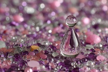 Poster - Detailed glass figurine resting on colorful gems in a soft-focus setting, showcasing intricate reflections and vibrant hues
