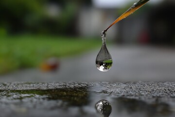Poster - Water droplet hangs from a twig reflecting greenery in a garden after rain during a peaceful afternoon