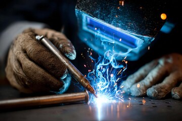 Aufkleber - Welding sparks fly during metal fabrication in an industrial workshop in the late afternoon
