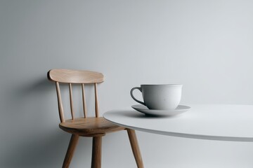 Aufkleber - Cozy cafe setting with minimalist decor featuring chair and cup against a soft gray background