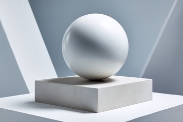 Leinwandbilder - Modern abstract sculpture of a white sphere on a concrete pedestal in a minimalist studio setting