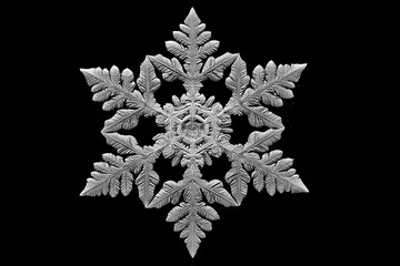 Poster - Intricate snowflake with detailed patterns captured on a black background showcasing natural symmetry and beauty