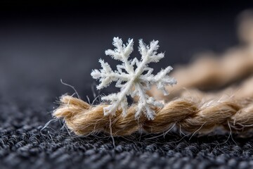 Poster - Small snowflake resting on natural fiber twine against a textured background in winter light