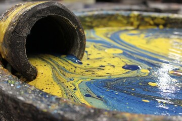 Aufkleber - Vibrant swirls of blue and yellow paint flow from a container in an artist's studio during a creative afternoon