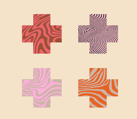 Aufkleber - Vector crosses feature vibrant, fluid abstract patterns in orange and pink tones. The style is modern 