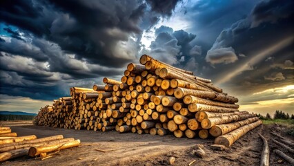 Poster - A Dramatic Sunset Sky Over a Massive Stack of Timber Logs in a Rural Setting