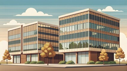 Poster - Autumnal Office Buildings on a Tranquil Street Scene Depicting Modern Architecture with Expansive Windows and Lush Landscaping