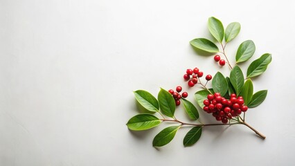 Aufkleber - Vibrant Red Berries and Lush Green Leaves Arranged on a Smooth White Surface, Creating a Festive and Natural Composition Perfect for Holiday or Seasonal Designs
