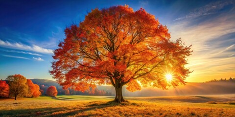 Poster - Autumnal Glory A Majestic Tree Bathed in the Warm Golden Hues of a Sunrise, Casting Long Shadows Across a Serene Meadow