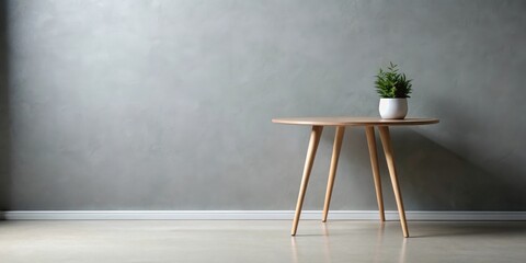 Leinwandbilder - Simple Minimalist Interior Design with a Small Round Wooden Table and Potted Plant Against a Textured Wall