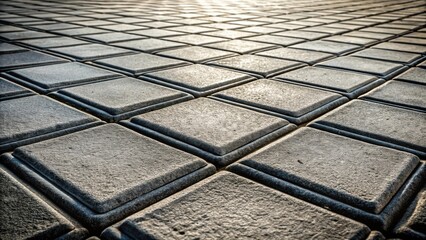 Poster - A sunlit perspective of a meticulously arranged pavement composed of square, textured stone slabs exhibiting a subtle, frosty sheen.