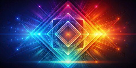 Poster - Vibrant prismatic geometric shapes illuminate a dark background with radiant energy and glowing lines, creating a mesmerizing abstract design.