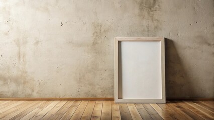 Poster - Empty light wood frame against a textured wall and hardwood floor interior design mockup