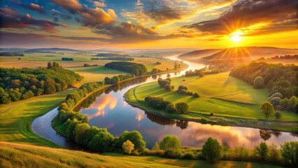 Poster - Serene River Valley at Sunset A Panorama of Rolling Hills, Lush Meadows, and Golden Hour Light Reflecting on Calm Waters