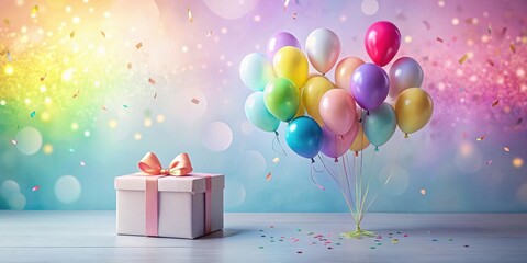 Aufkleber - A Festive Celebration Pastel Balloons and a Gift Box on a Wooden Surface with Confetti