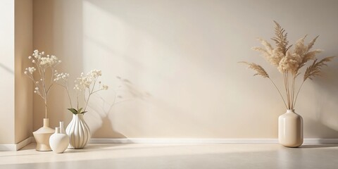 Aufkleber - Serene Minimalist Interior Design with Dried Floral Arrangements in Elegant Vases Against a Neutral Wall