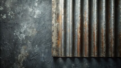 Poster - Rustic Corrugated Metal Sheet Against Weathered Concrete Background A Textural Study of Time and Decay
