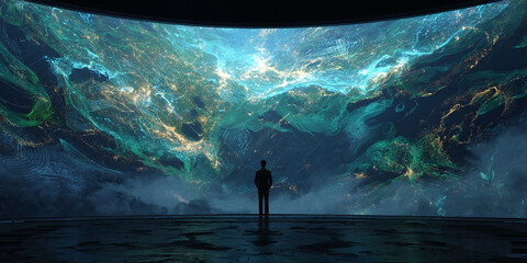 Silhouette of person viewing large, curved screen displaying abstract teal and gold nebula, showcasing futuristic technology and exploration concepts