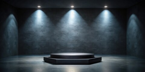 Aufkleber - Hexagonal pedestal in a dimly lit room with textured walls and overhead spotlights