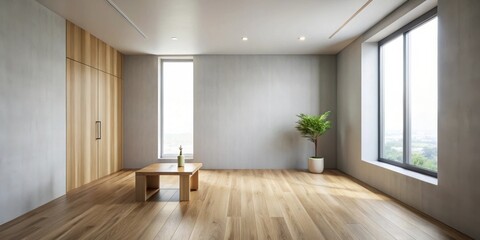 Poster - Modern minimalist room interior design with wooden flooring, light walls, and a wooden coffee table