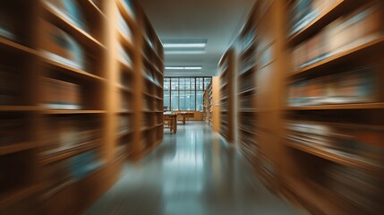 Aufkleber - Utilize an abstract, blurred depiction of an empty college library interior with a defocused effect, featuring bookshelves in a blurry classroom