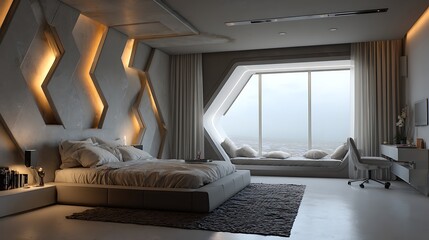 Aufkleber - Trendy contemporary bedroom with lit niches, large window, gray and white tones, and geometric elements