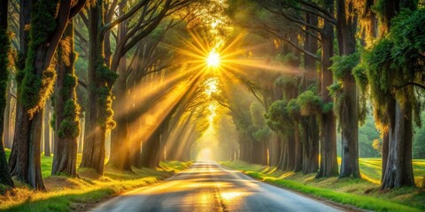 Poster - Golden sun rays illuminate a scenic road lined with majestic trees, creating a breathtaking, tranquil, and idyllic natural landscape.