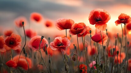Poster - The amazing nature of red poppies under sunlight at sunset of a summer day a natural view of a blossoming flower as a background, creative banner, copyspace image